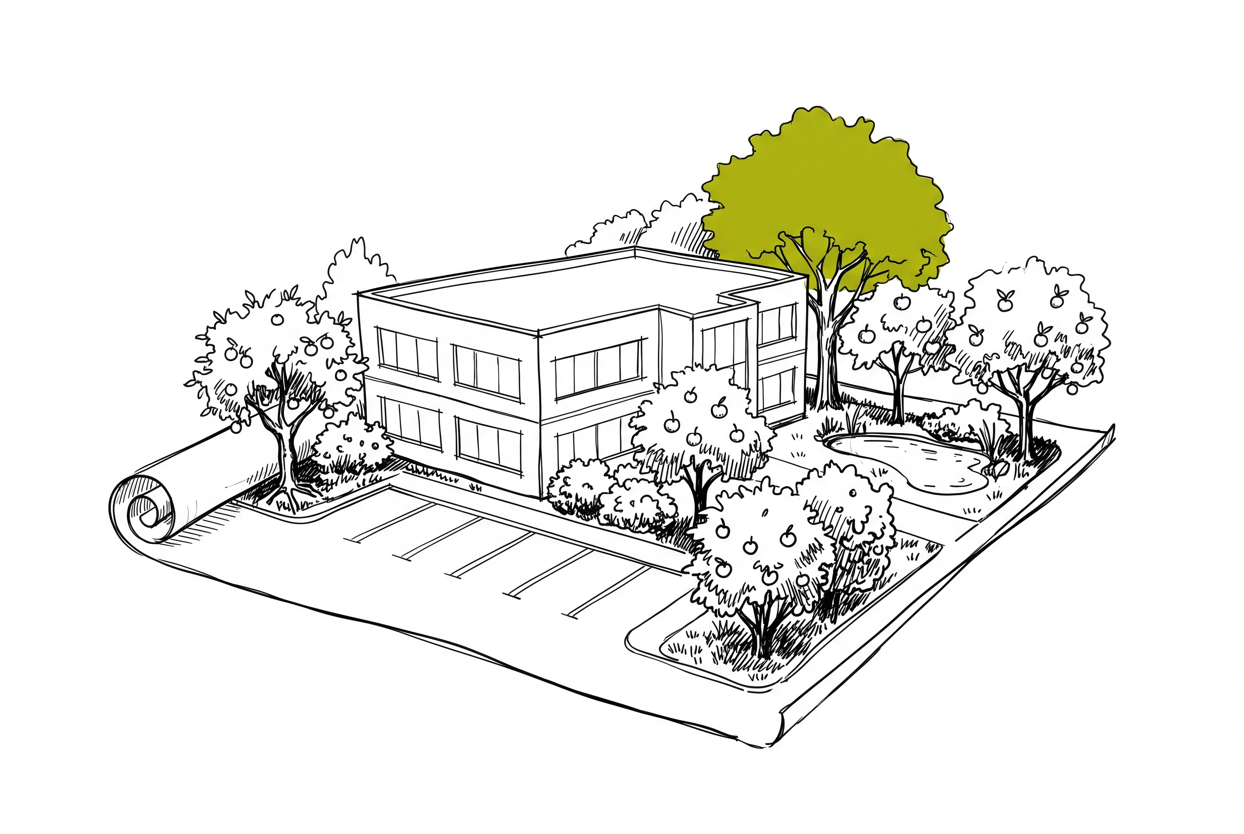 Un plan d’architecte déroulé dont le dessin prend vie : autour du bâtiment et du parking, le trait devient fruitiers, mare et jardin-forêt