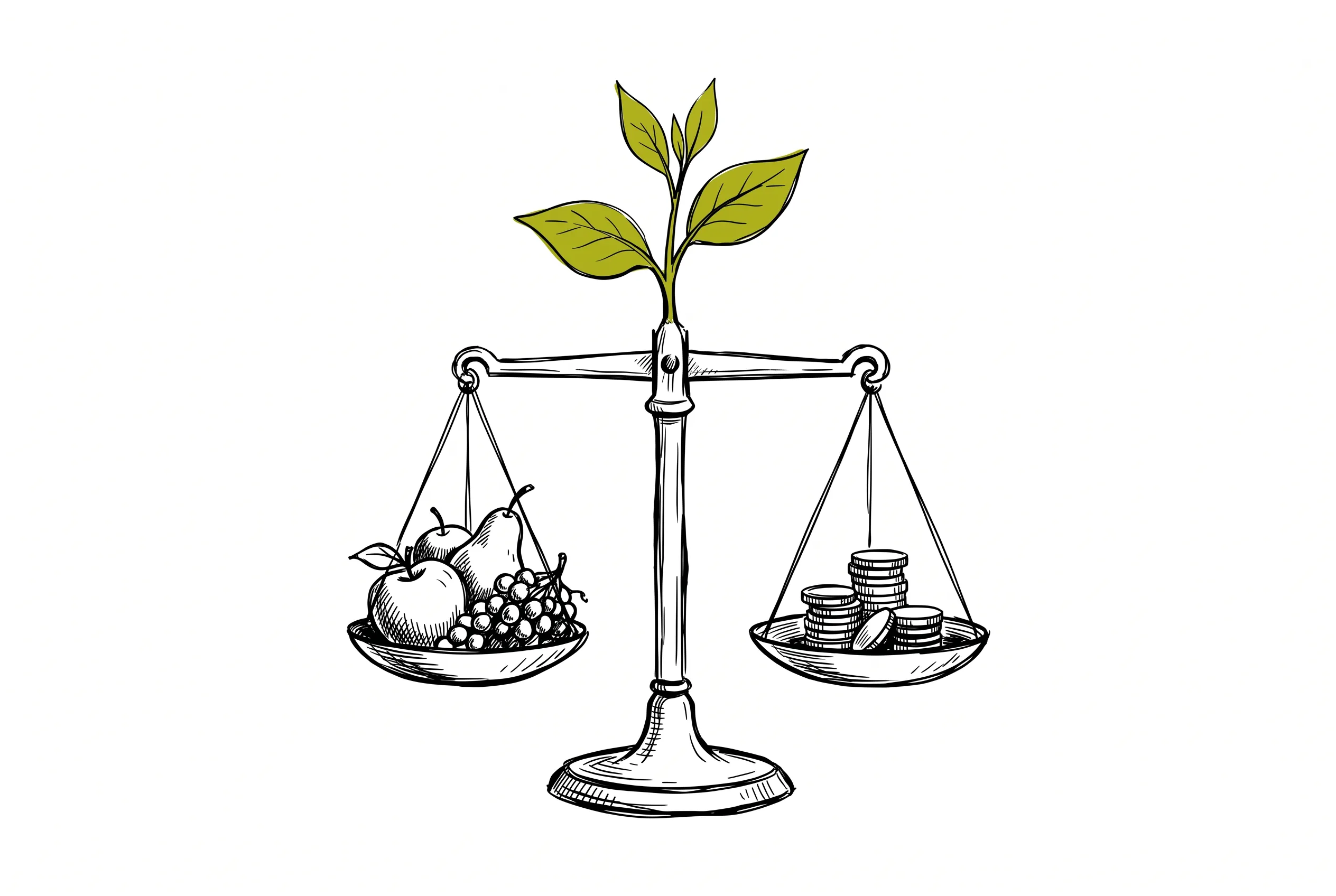 Une balance en équilibre : des fruits sur un plateau, des pièces sur l’autre, et une jeune pousse qui sort du fléau