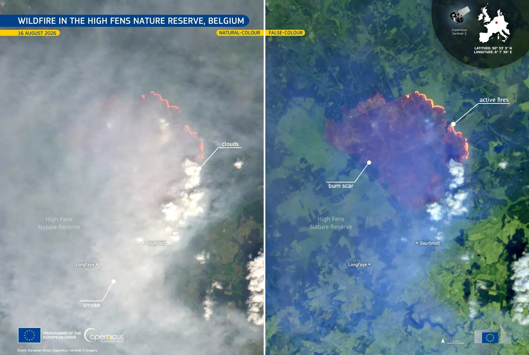 Image satellite Sentinel-2 du 16 août 2026 : à gauche en couleurs naturelles, un panache de fumée couvre les Fagnes ; à droite en fausses couleurs, la cicatrice du feu apparaît en rouge sombre avec un front actif au nord-est