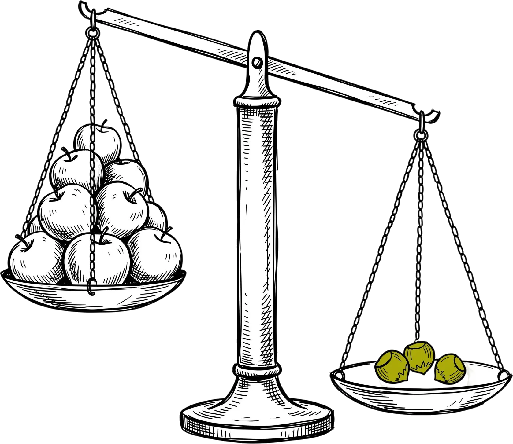 Illustration au trait : une balance à deux plateaux identiques ; celui qui croule sous les pommes remonte, celui qui ne porte que trois petites noisettes descend.