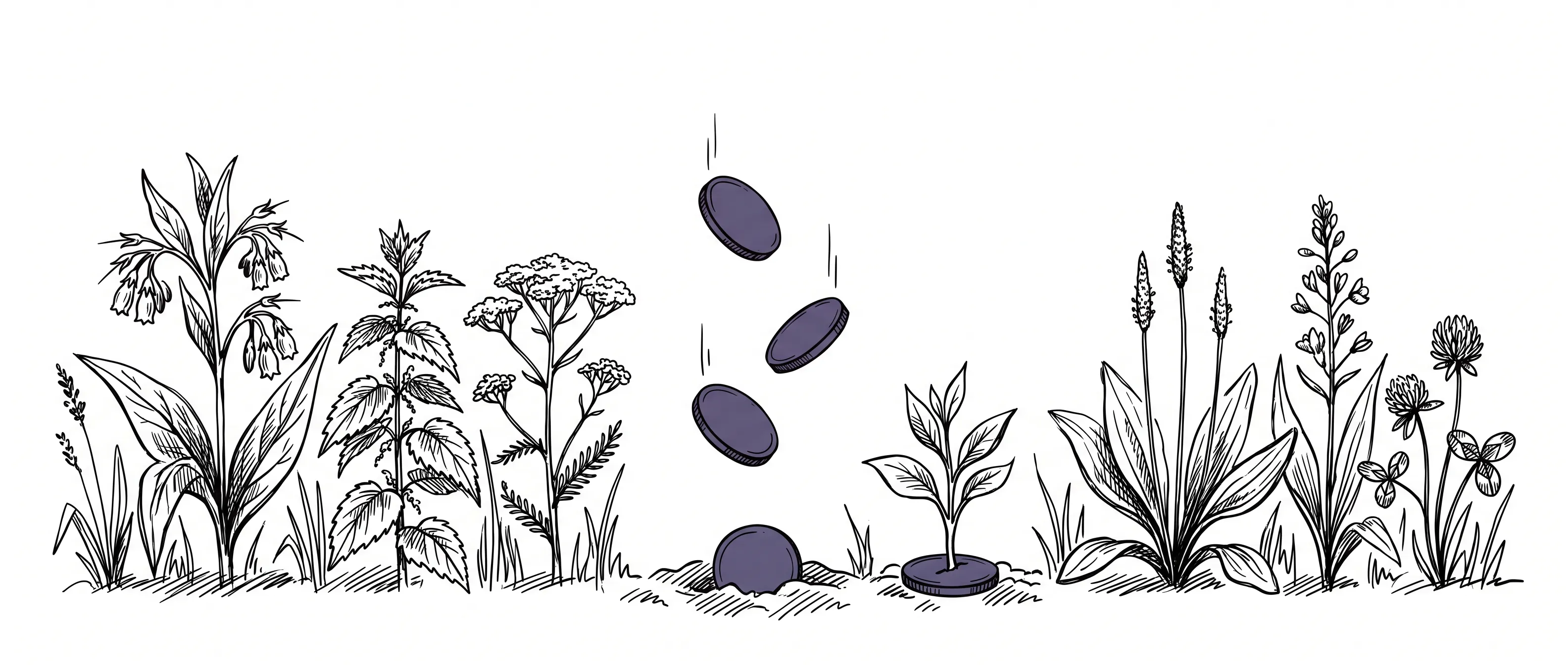 Dessin à l'encre : consoude, ortie, achillée, plantain et trèfle, avec des pièces qui tombent au sol et germent en jeune pousse