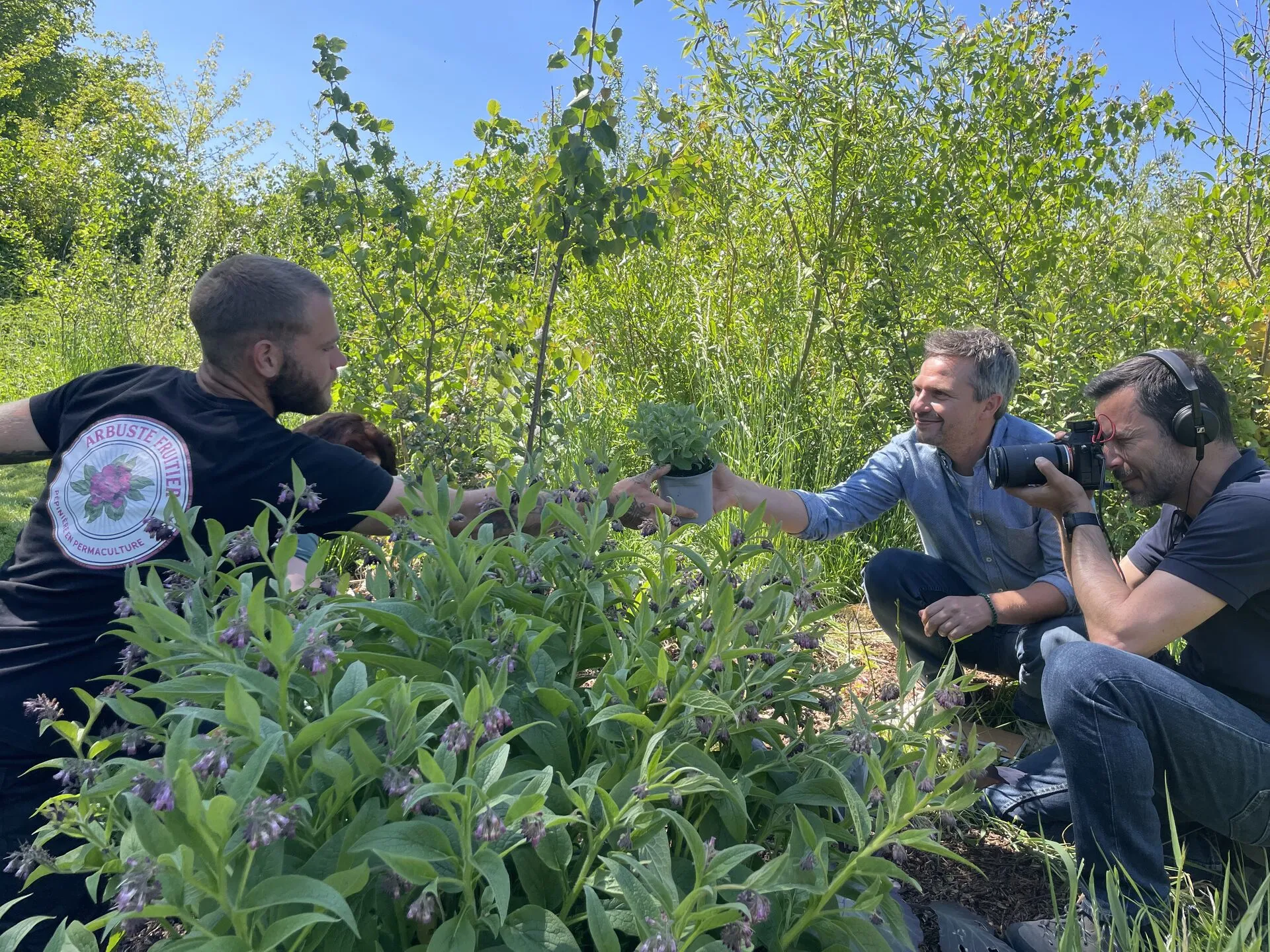 Une équipe de télévision filme dans un jardin-forêt